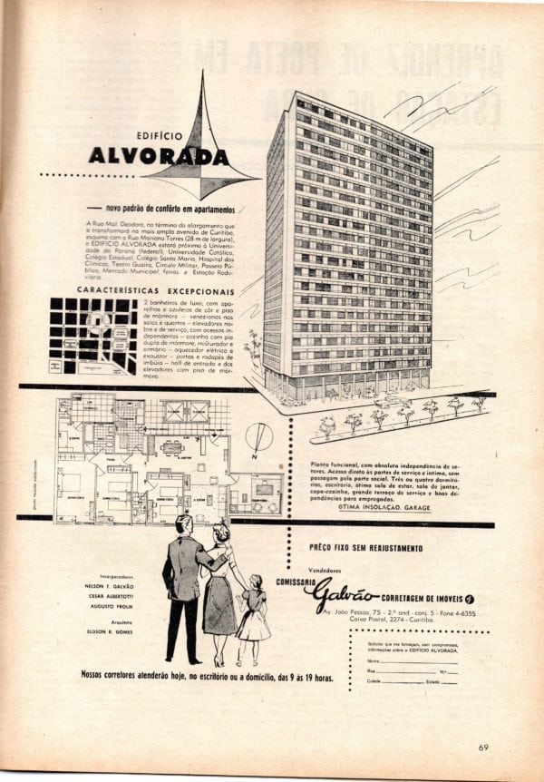 Anúncio de venda dos apartamentos do Edifício Alvorada em 1960.