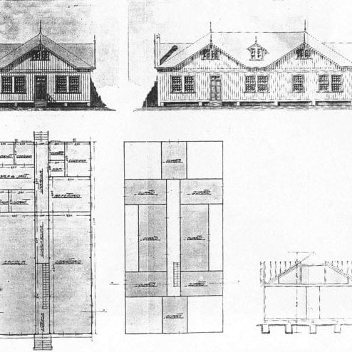 1 – Fachada, planta e corte dos pavilhões-escolas.