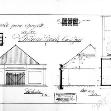 1 - GASTÃO CHAVES & CIA. Projecto para deposito do Snr. Frederico Hauer em Curityba. Curitiba. Plantas do pavimento térreo e de implantação, corte e fachada frontal apresentados em uma prancha. Microfilme digitalizado. Acervo: Arquivo Público Municipal de Curit