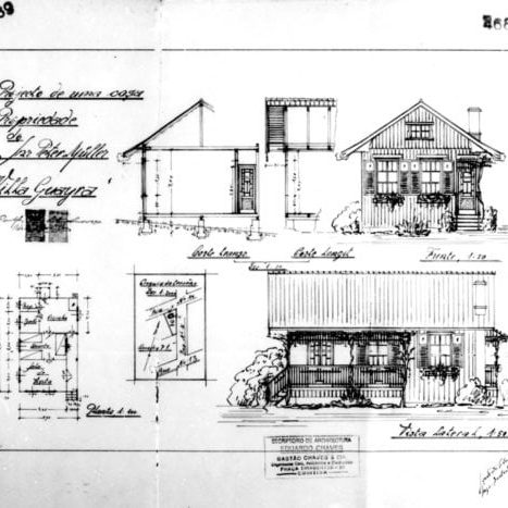 1 - GASTÃO CHAVES & CIA. Projecto de casa para o Snr. Peter Müller. Plantas do pavimento térreo e de implantação, cortes e fachadas frontal e lateral apresentados em uma prancha. Microfilme digitalizado. Acervo: Arquivo Público Municipal de Curitiba.