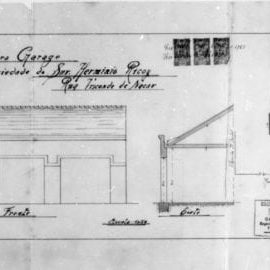 1 - GASTÃO CHAVES & CIA. Projecto de garage para o Snr. Herminio Ricoy. Planta baixa da garagem, implantação, corte e fachada frontal apresentados em uma prancha. Microfilme digitalizado. Acervo: Arquivo Público Municipal de Curitiba.