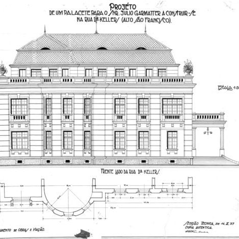 1 - PARANÁ. DEPARTAMENTO DE OBRAS E VIAÇÃO. Secção Técnica. Projecto do Palacete para o Snr. Julio Garmatter à Rua Dr. Kellers (Alto São Francisco). Curitiba, 14 de outubro de 1937. Plantas, cortes e fachadas apresentadas em seis pranchas. Cópia autentica executada pela Secção Técnica do Departamento de Obras e Viação. Levantamento arquitetônico, em cópia heliográfica. Acervo: Secretaria de Estado da Cultura do Paraná.