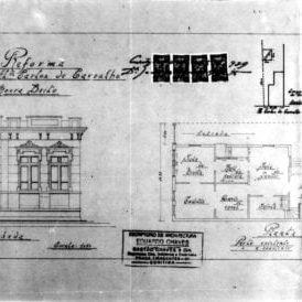 1 - GASTÃO CHAVES & CIA. Projecto de Reforma do prédio para o Snr Moura Brito à Al. Carlos de Carvalho n° 603. Plantas do pavimento existente e a construir, implantação, corte e fachada frontal apresentados em uma prancha. Microfilme digitalizado. Acervo: Arquivo Público Municipal de Curitiba.