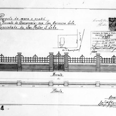1 - GASTÃO CHAVES & CIA. Projecto de muro e gradil para o Snr. Heitor S. Lobo à Av. Visconde de Guarapuava, esq. Cap. Carneiro Lobo. Planta e corte apresentados em uma prancha. Microfilme digitalizado. Acervo: Arquivo Público Municipal de Curitiba.