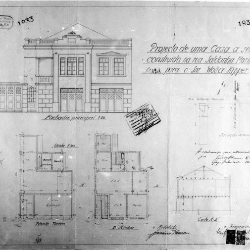 1 - PINNOW, Francisco. Projecto de casa para o Snr. Walter Kipper à rua Saldanha Marinho, n° 121. Plantas do pavimento térreo e superior e de implantação, corte e fachada frontal apresentados em uma prancha. Microfilme digitalizado. Acervo: Arquivo Público Municipal de Curitiba.