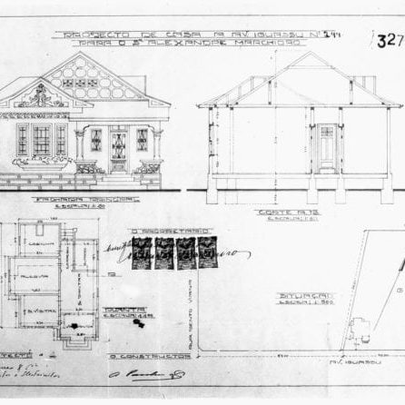 1 - GASTÃO CHAVES & CIA. Projecto de casa para o Snr. Alexandre Marchioro  à Av. Iguassu, n° 244. Planta, corte e fachada frontal apresentados em uma prancha. Microfilme digitalizado. Acervo: Arquivo Público Municipal de Curitiba.