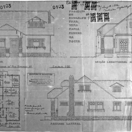 1 - GASTÃO CHAVES & CIA. Projecto de Bungalow para Snra. Vera Maria Munhoz da Rocha. Planta, corte e fachadas frontal e lateral apresentados em uma prancha. Microfilme digitalizado. Acervo: Arquivo Público Municipal de Curitiba.