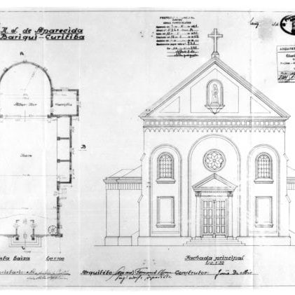 1 – Projeto Arquitetônico com fachada
principal e planta - baixa da igreja.
