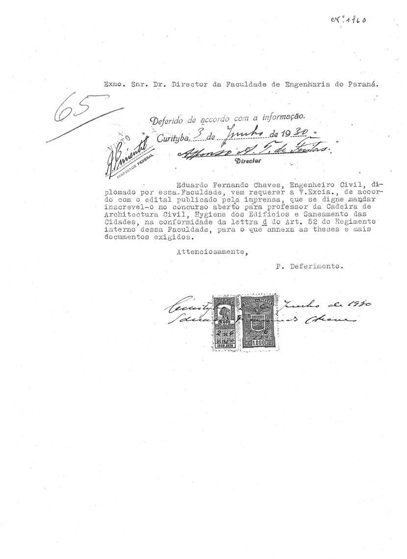 Inscrição de Eduardo Fernando Chaves no concurso para professor da Faculdade de Engenharia do Paraná – 3/6/1930.